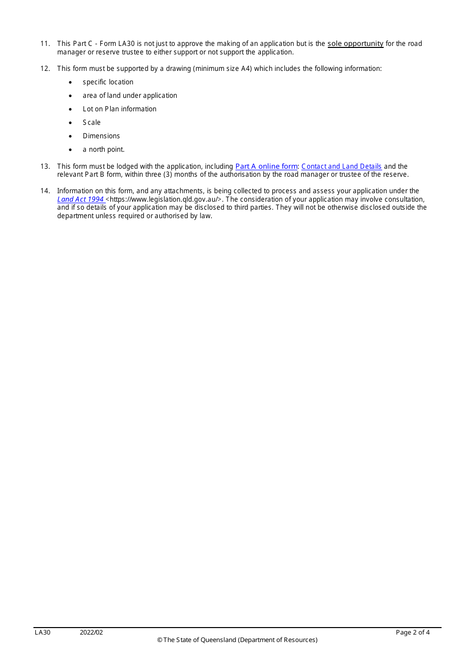 Form LA30 Part C Statement in Relation to an Application Under the Land Act 1994 Over State Land - Queensland, Australia, Page 2