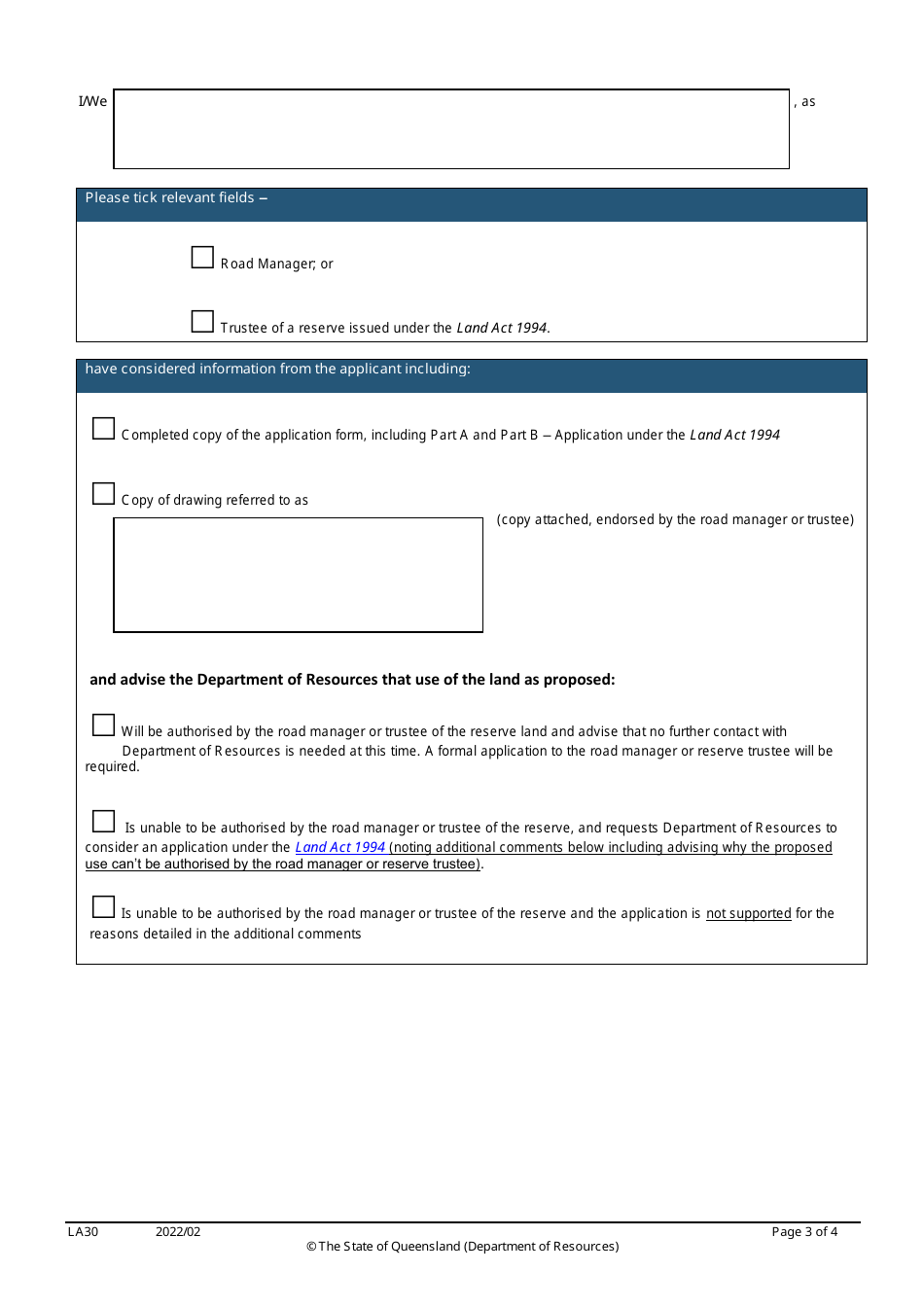 Form LA30 Part C Statement in Relation to an Application Under the Land Act 1994 Over State Land - Queensland, Australia, Page 3