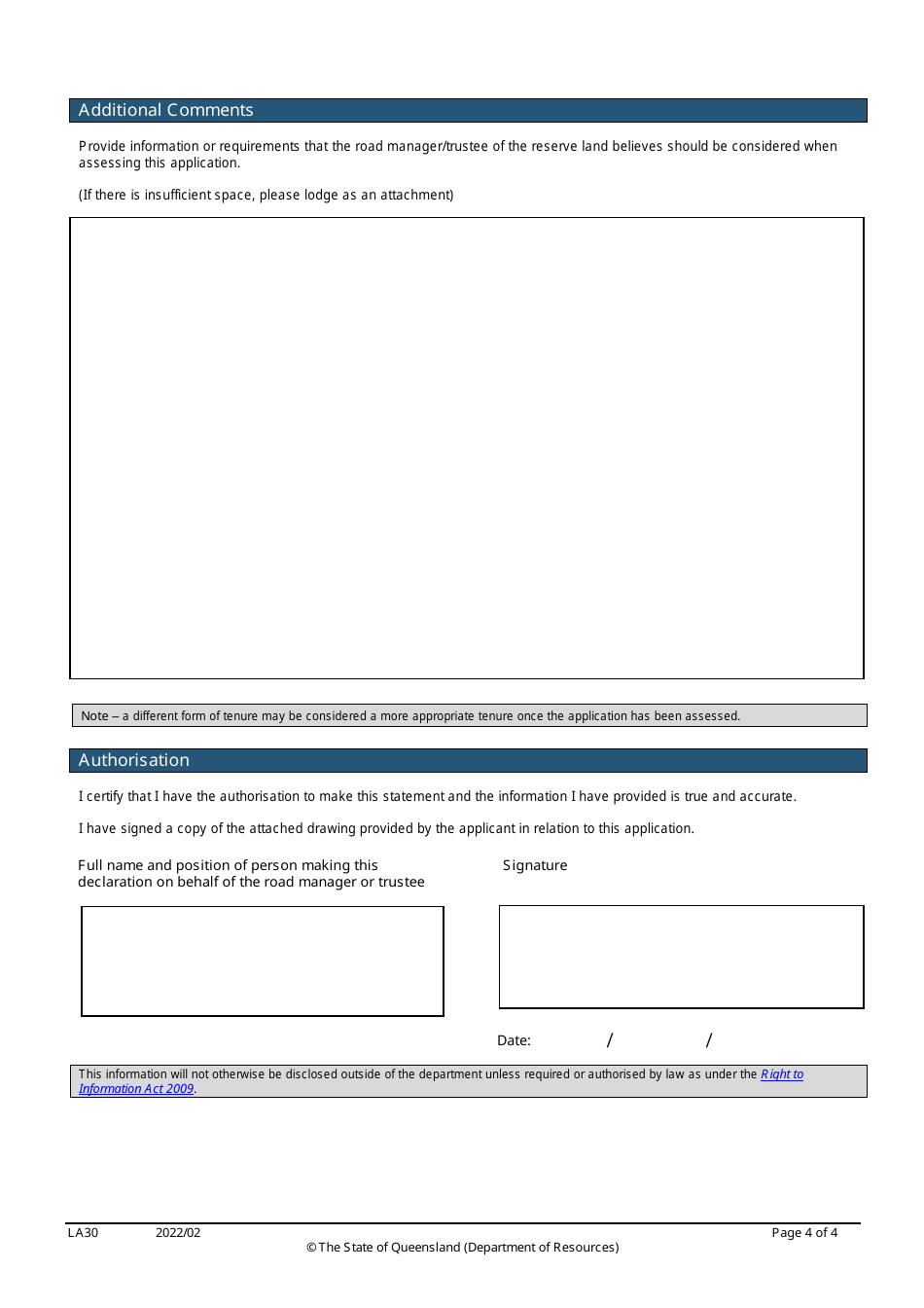 Form LA30 Part C Statement in Relation to an Application Under the Land Act 1994 Over State Land - Queensland, Australia, Page 4