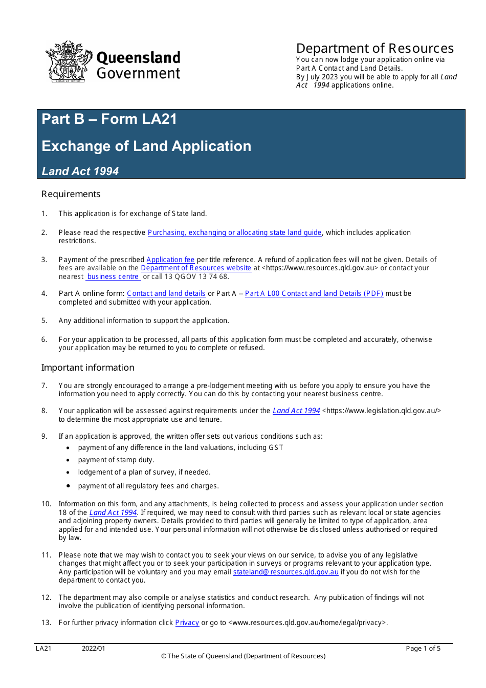Form LA21 Part B Exchange of Land Application - Queensland, Australia, Page 1