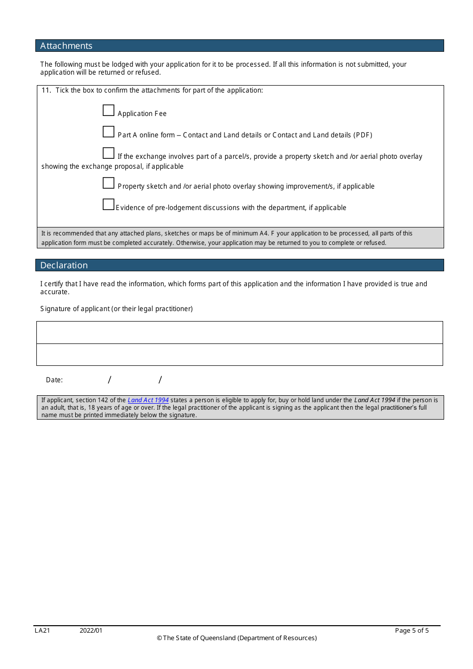 Form LA21 Part B Exchange of Land Application - Queensland, Australia, Page 5
