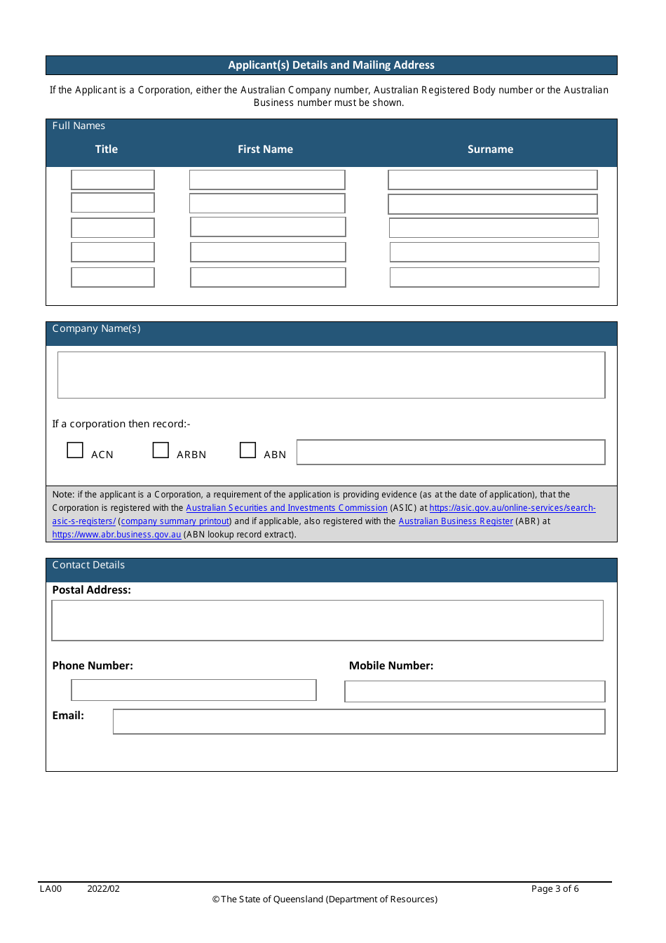 Form LA00 Part A Contact and Land Details - Queensland, Australia, Page 3