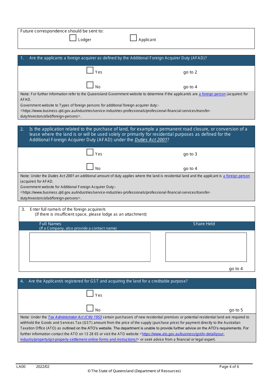 Form LA00 Part A Contact and Land Details - Queensland, Australia, Page 4
