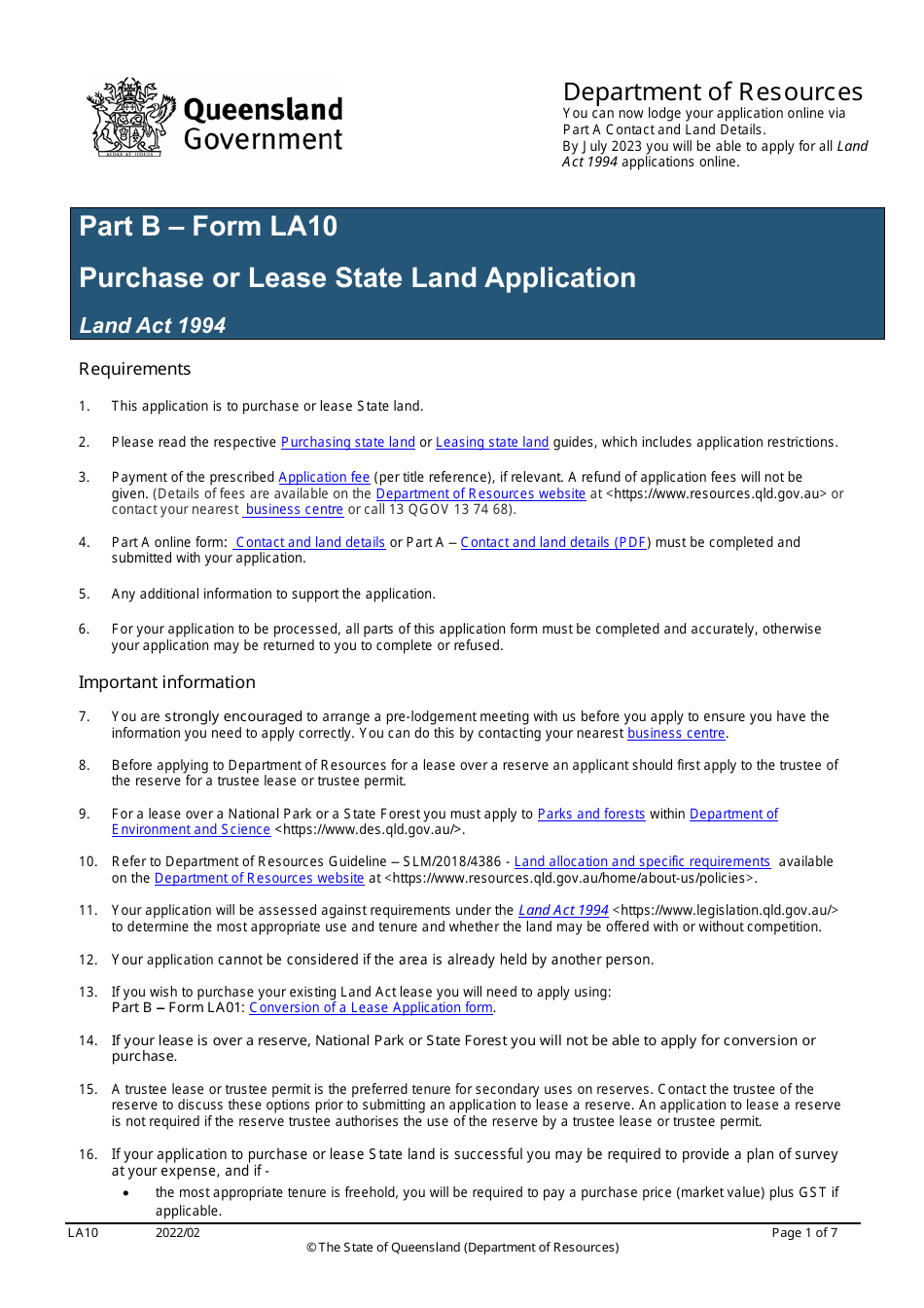 Form LA10 Part B Purchase or Lease State Land Application - Queensland, Australia, Page 1