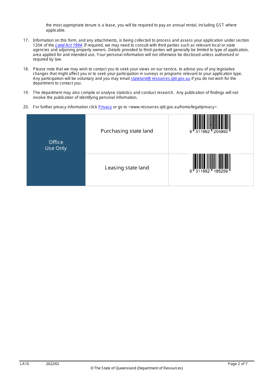Form LA10 Part B Purchase or Lease State Land Application - Queensland, Australia, Page 2