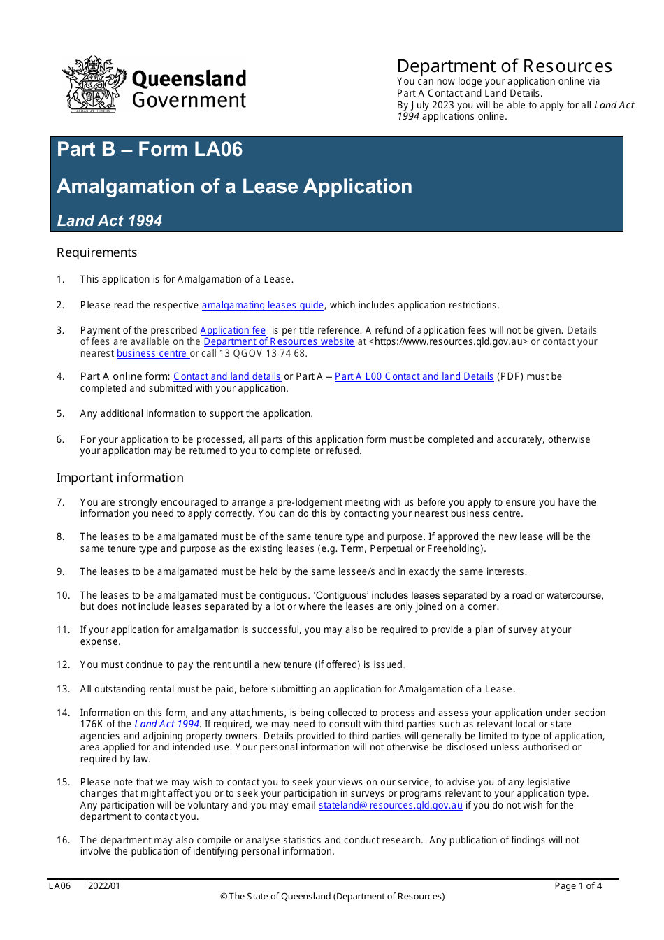Form LA06 Part B Amalgamation of a Lease Application - Queensland, Australia, Page 1