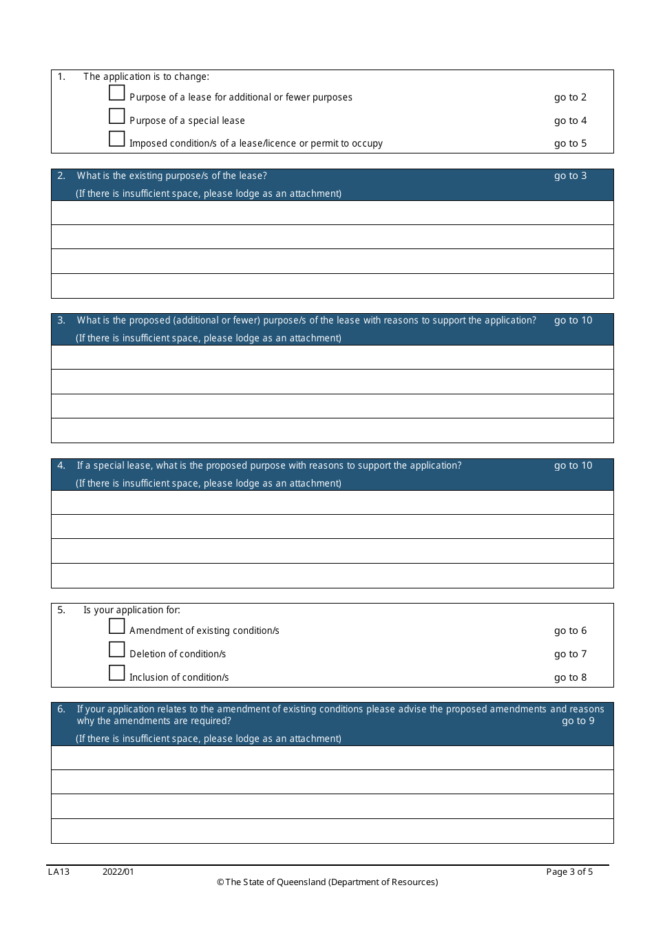 Form LA13 Part B Application for a Lease to Be Used for Additional or Fewer Purposes and / or Change Conditions of a Lease, Licence or Permit to Occupy - Queensland, Australia, Page 3