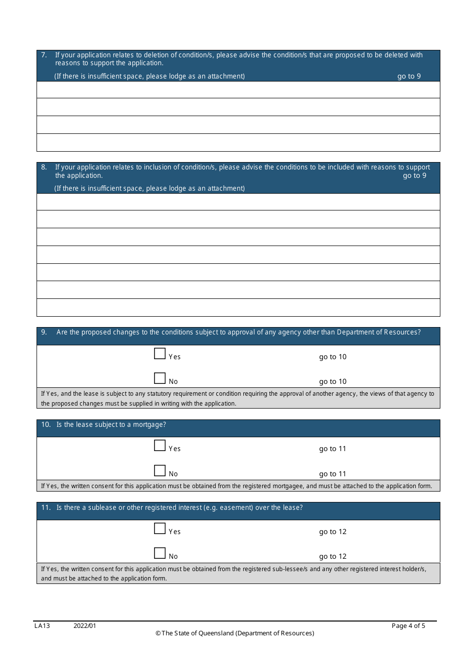 Form LA13 Part B Application for a Lease to Be Used for Additional or Fewer Purposes and / or Change Conditions of a Lease, Licence or Permit to Occupy - Queensland, Australia, Page 4
