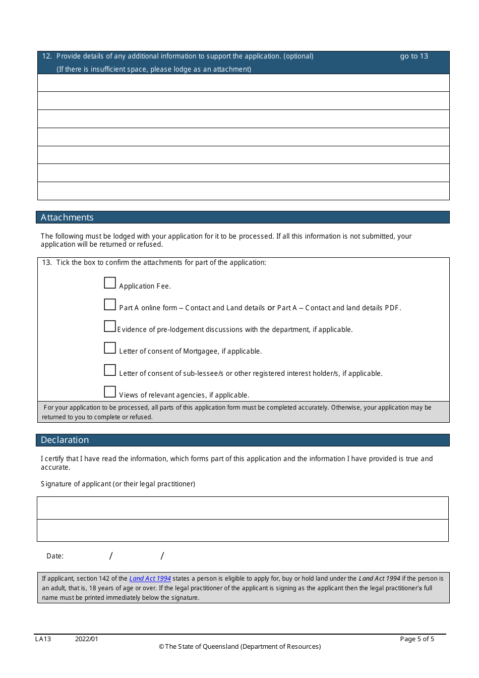 Form LA13 Part B Application for a Lease to Be Used for Additional or Fewer Purposes and / or Change Conditions of a Lease, Licence or Permit to Occupy - Queensland, Australia, Page 5