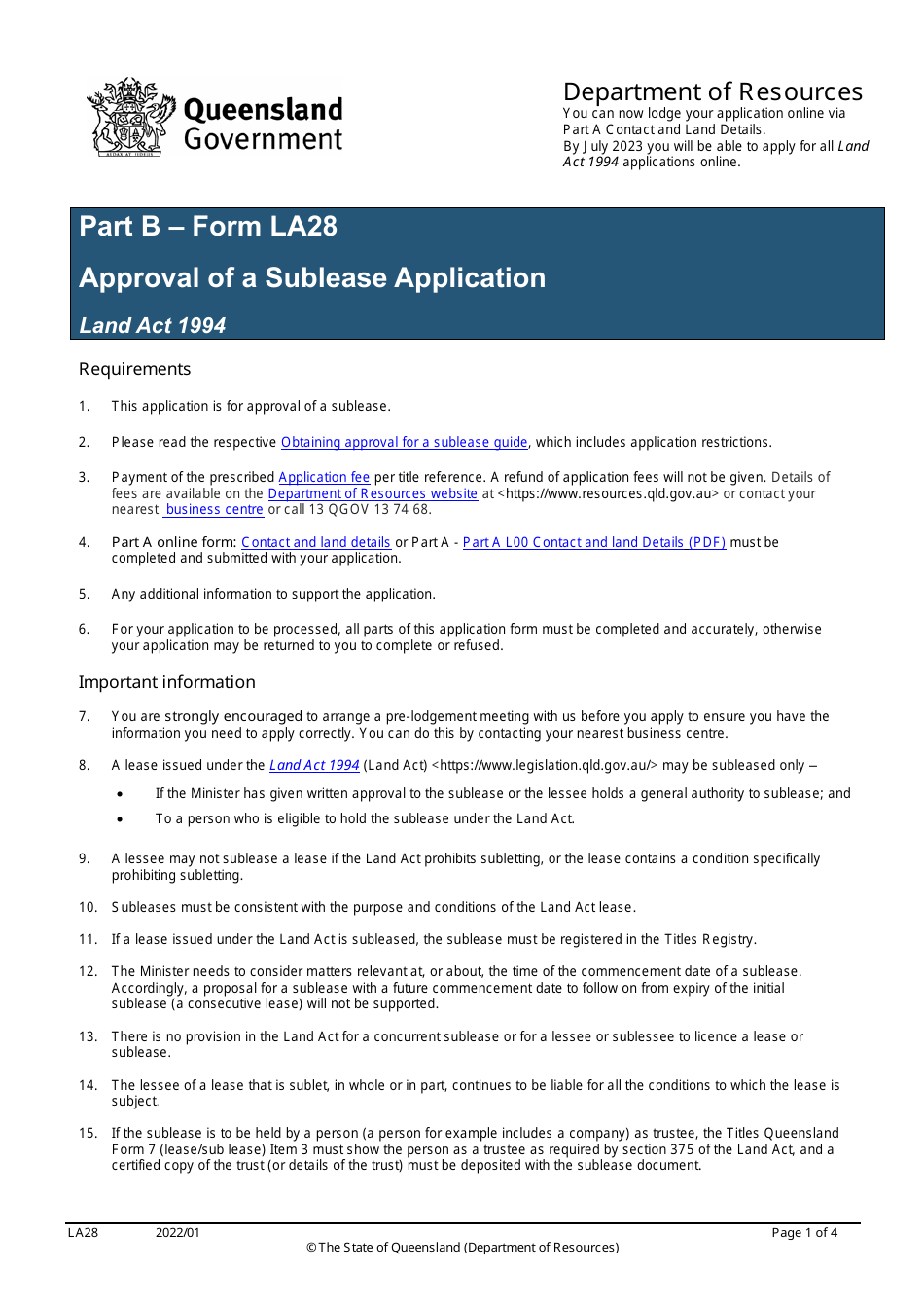 Form LA28 Part B Approval of a Sublease Application - Queensland, Australia, Page 1