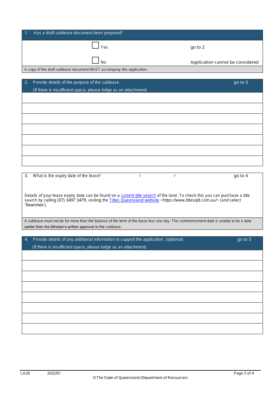 Form LA28 Part B Approval of a Sublease Application - Queensland, Australia, Page 3