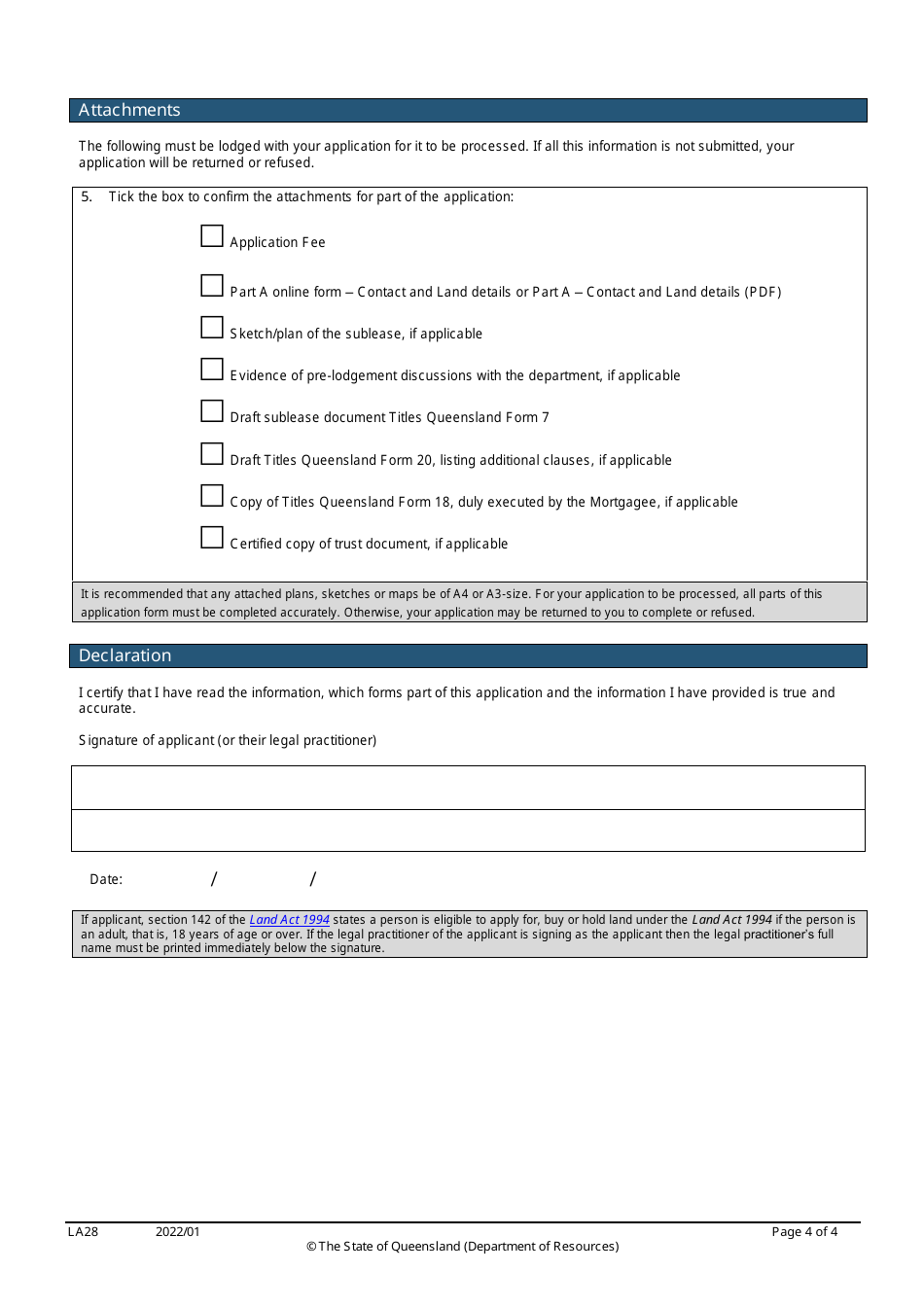 Form LA28 Part B Approval of a Sublease Application - Queensland, Australia, Page 4