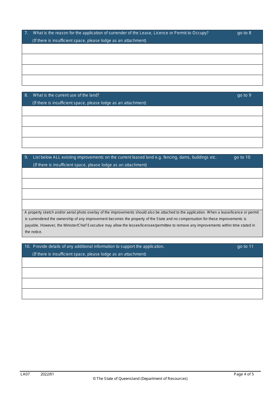 Form LA07 Part B Surrender of a Lease, Licence or Permit to Occupy Application - Queensland, Australia, Page 4