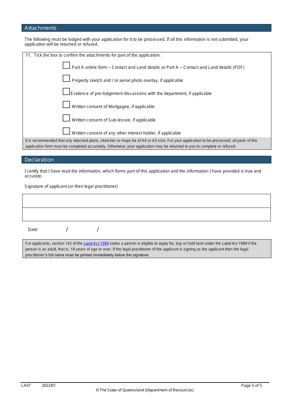 Form LA07 Part B Surrender of a Lease, Licence or Permit to Occupy Application - Queensland, Australia, Page 5