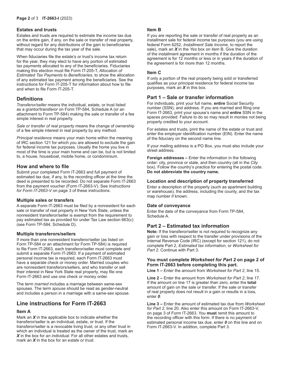 Instructions for Form IT-2663 Nonresident Real Property Estimated Income Tax Payment Form - New York, Page 2