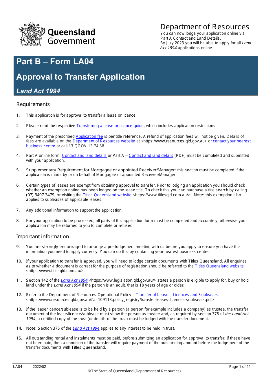 Form LA04 Part B Approval to Transfer Application - Queensland, Australia, Page 1