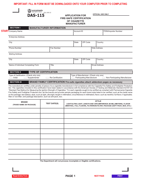 Form DAS-115  Printable Pdf