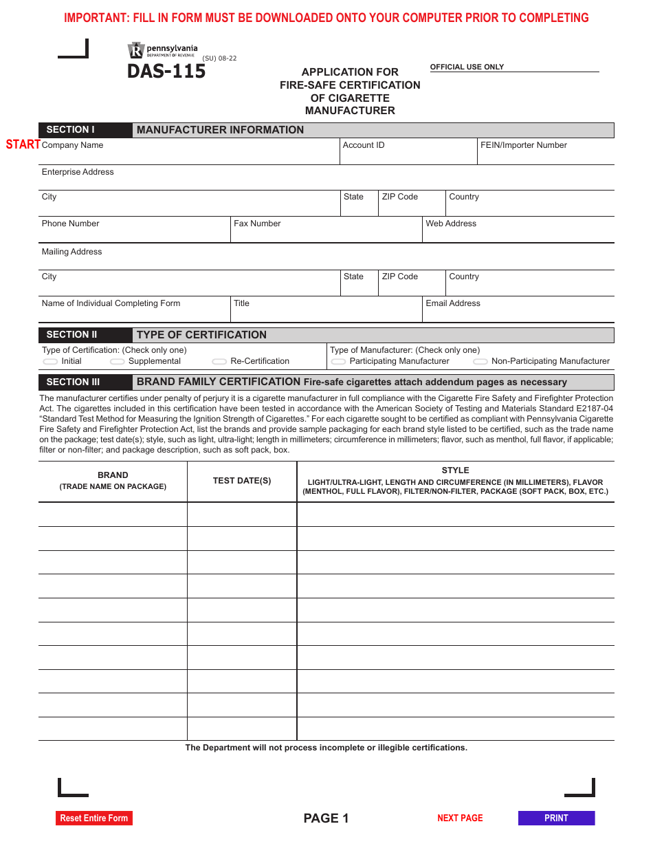 Form DAS-115 Application for Fire-Safe Certification of Cigarette Manufacturer - Pennsylvania, Page 1