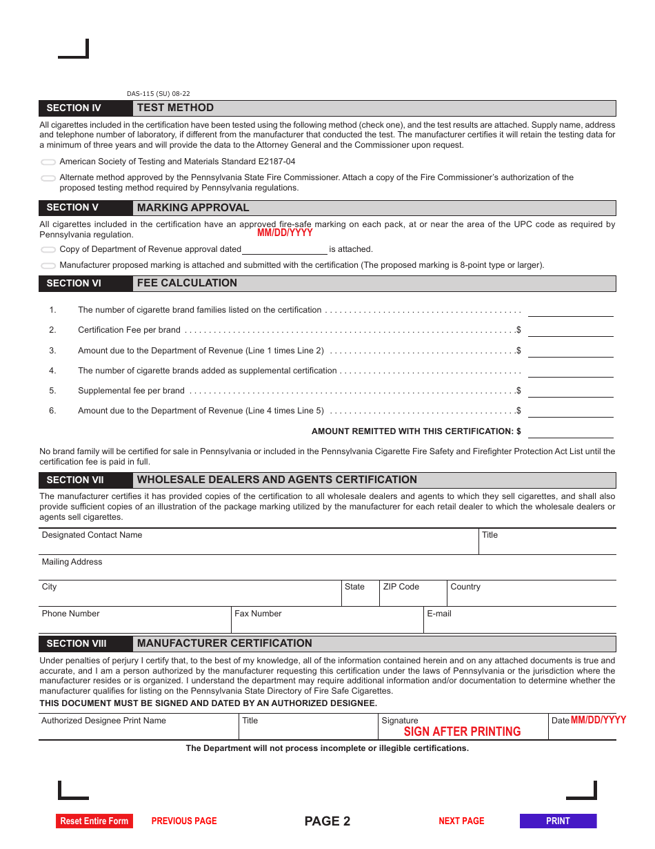 Form DAS-115 Application for Fire-Safe Certification of Cigarette Manufacturer - Pennsylvania, Page 2