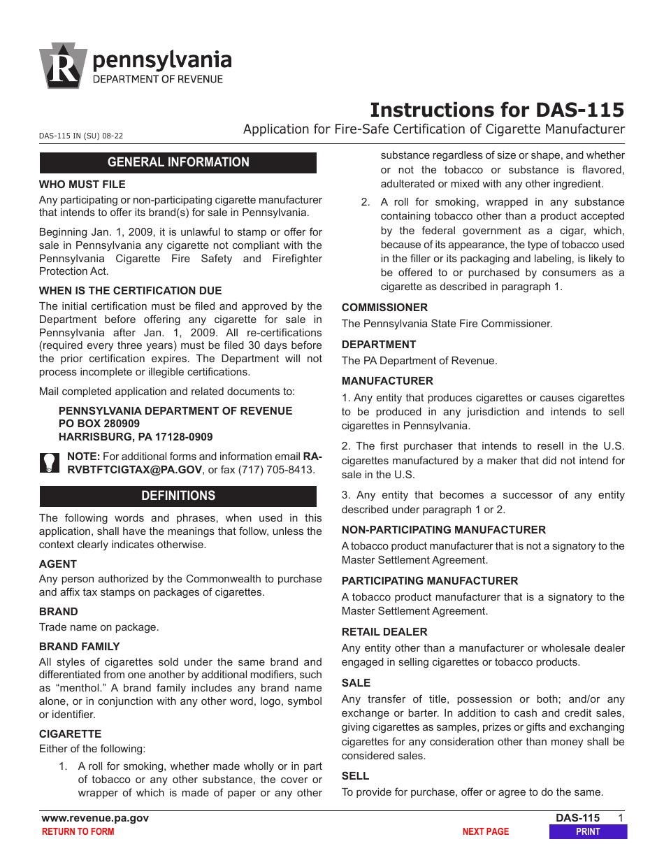 Form DAS-115 Application for Fire-Safe Certification of Cigarette Manufacturer - Pennsylvania, Page 3