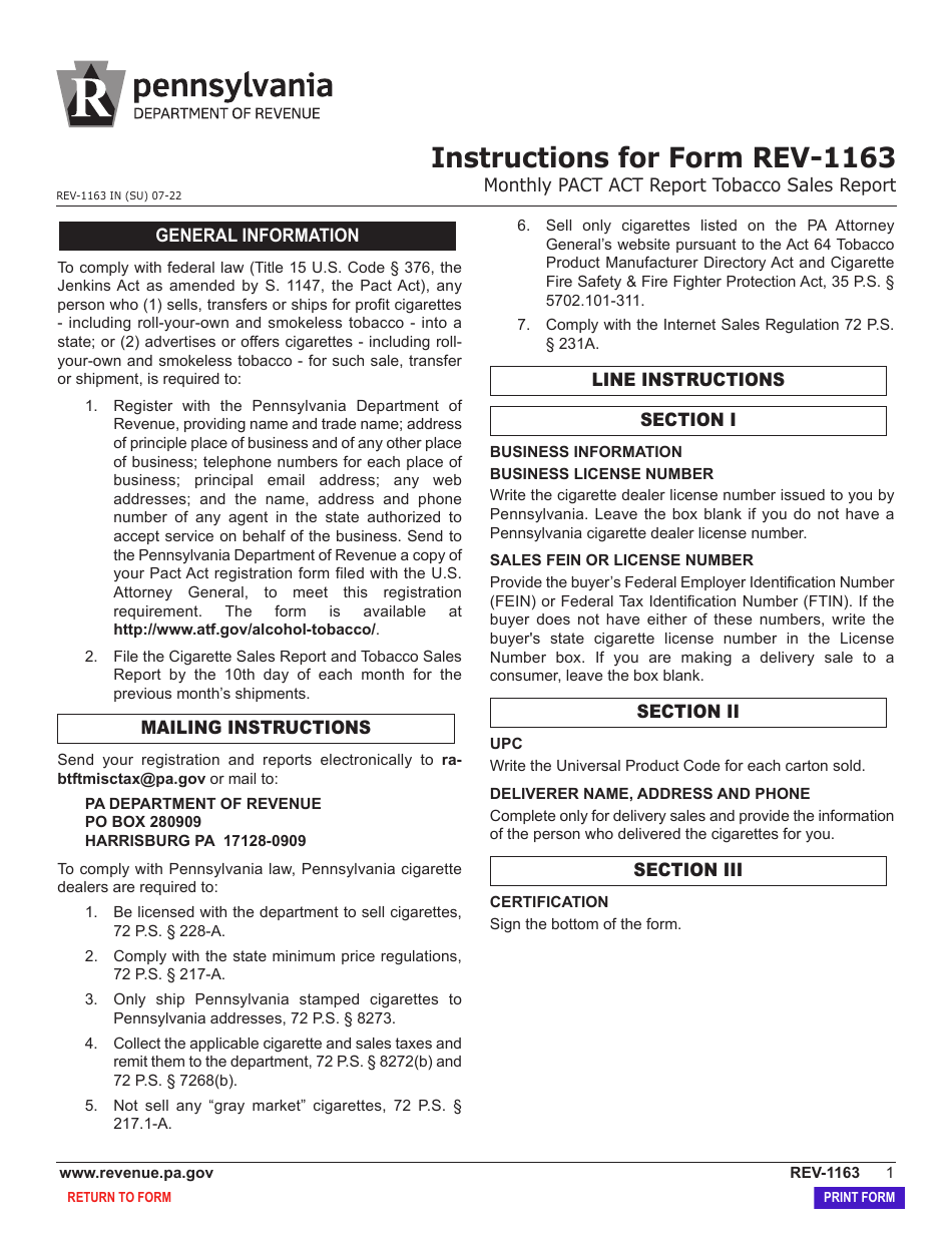 Form REV-1163 Monthly Pact Act Report Cigarette Sales Report - Pennsylvania, Page 3