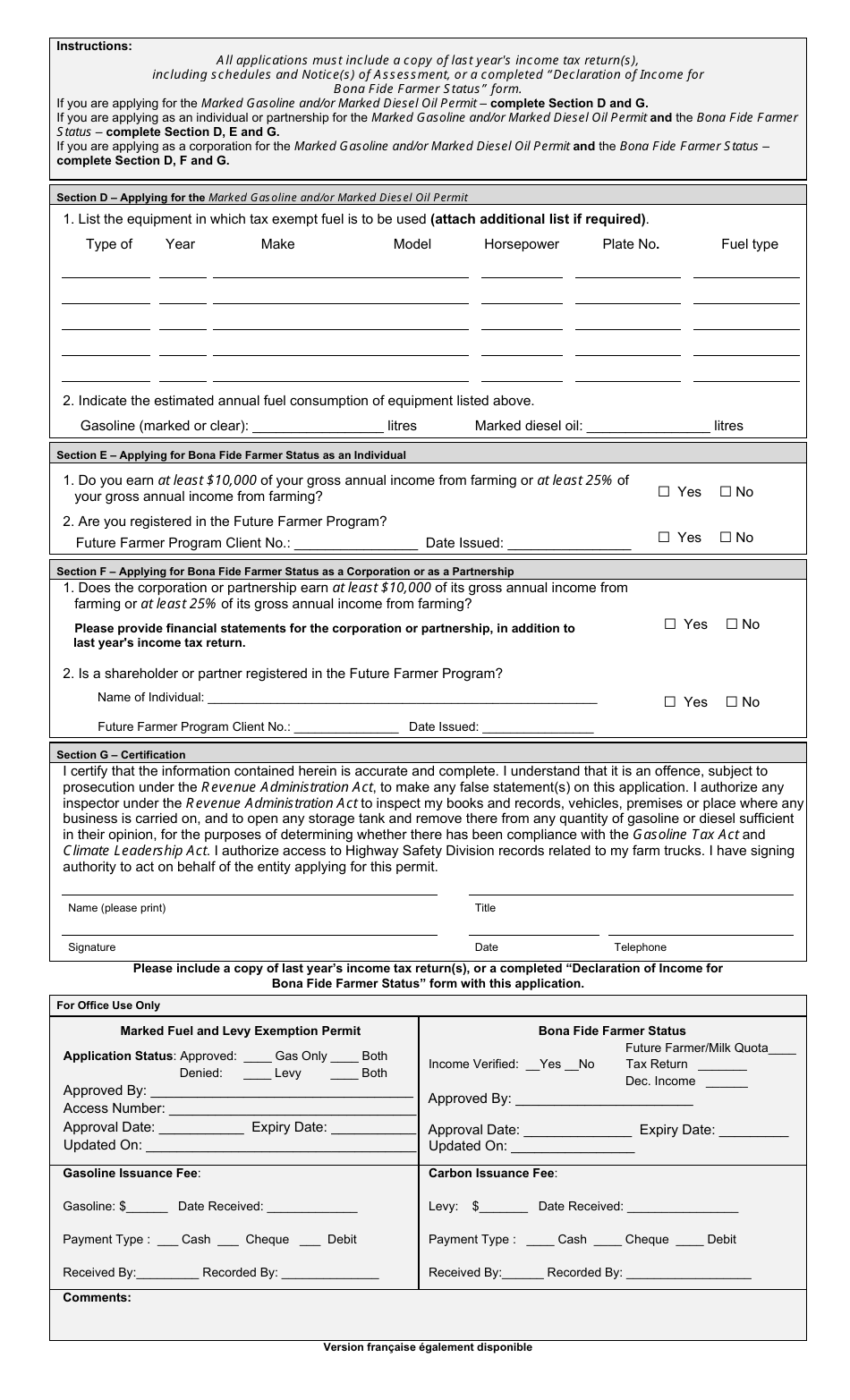 Application for Marked Gasoline and / or Marked Diesel Oil Permit and Levy Exemption Permit and Status as a Bona Fide Farmer - Prince Edward Island, Canada, Page 2