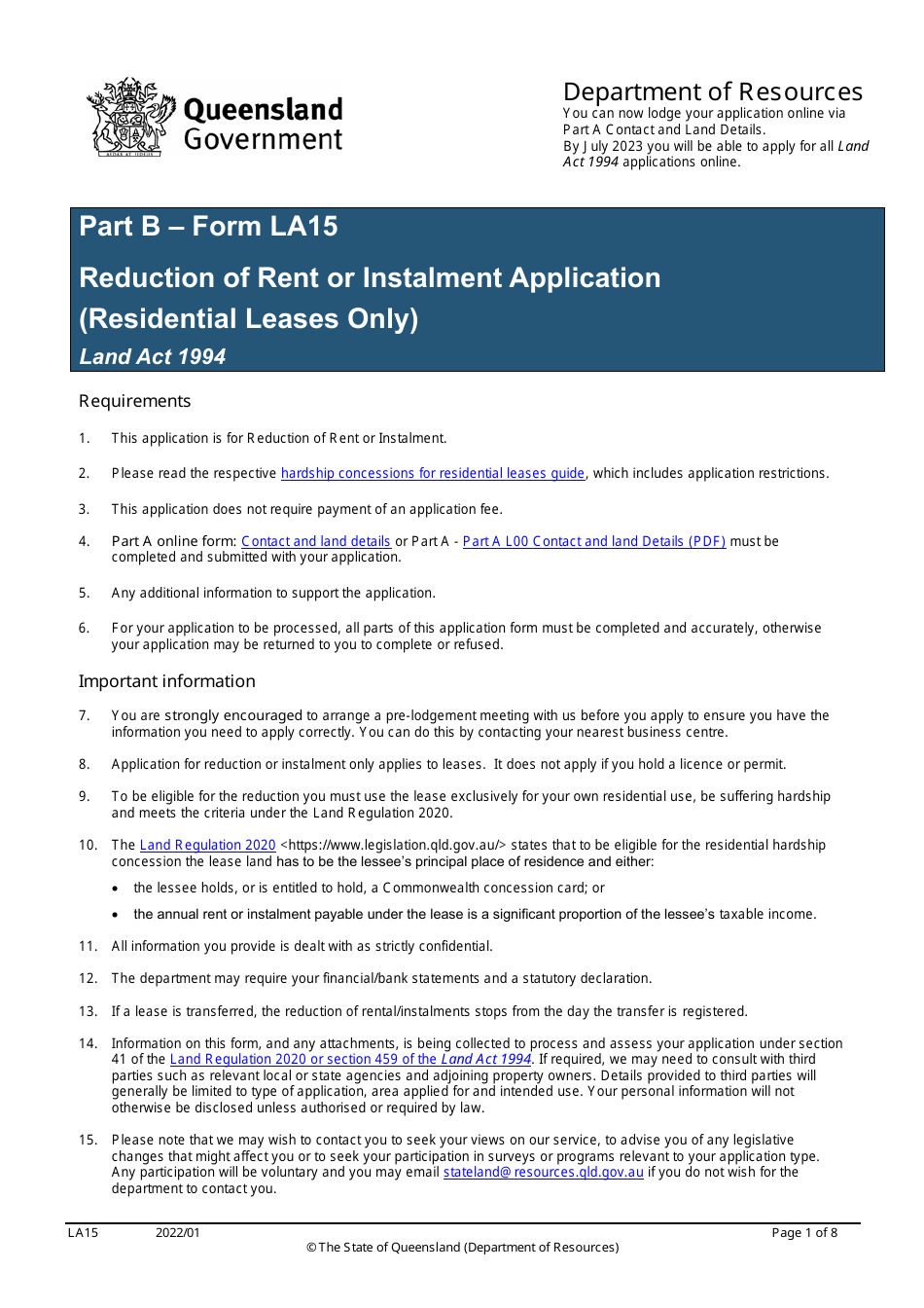 Form LA15 Part B Reduction of Rent or Instalment Application (Residential Leases Only) - Queensland, Australia, Page 1
