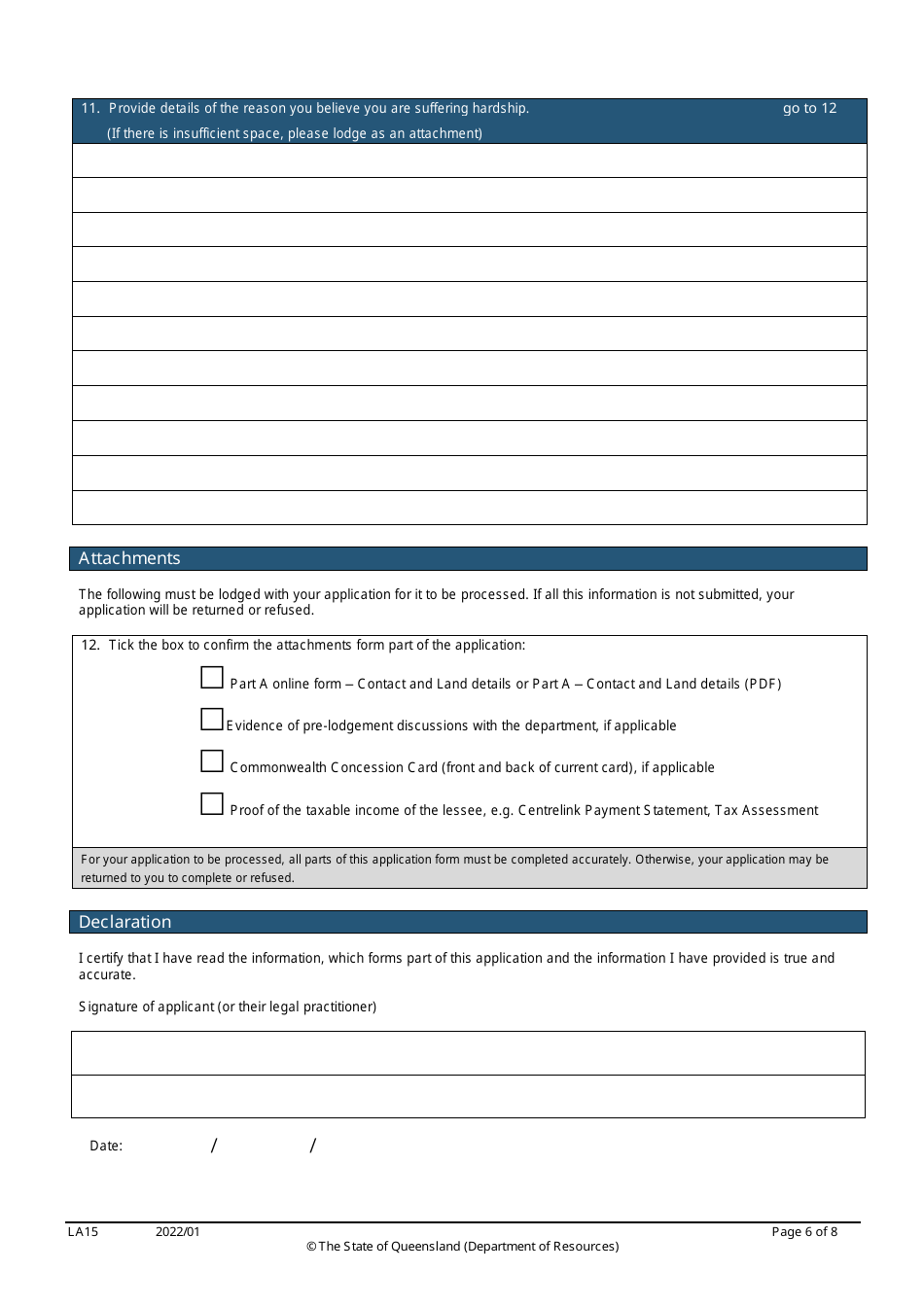 Form LA15 Part B Reduction of Rent or Instalment Application (Residential Leases Only) - Queensland, Australia, Page 6