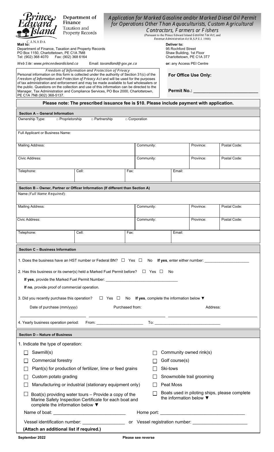 Application for Marked Gasoline and / or Marked Diesel Oil Permit for Operations Other Than Aquaculturists, Custom Agricultural Contractors, Farmers or Fishers - Prince Edward Island, Canada, Page 1