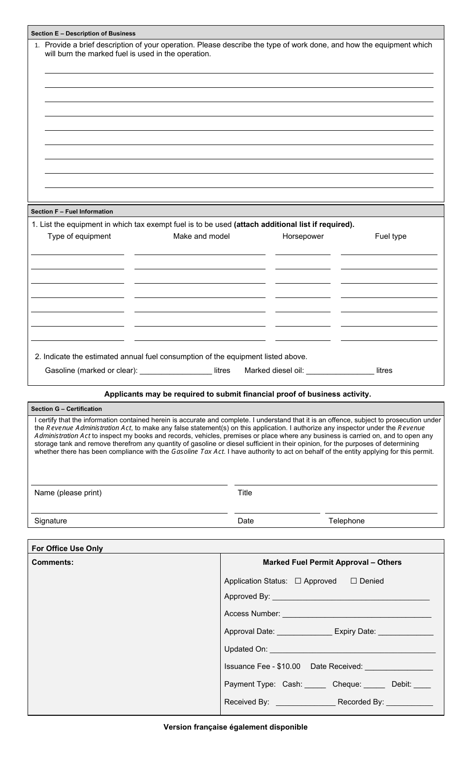 Application for Marked Gasoline and / or Marked Diesel Oil Permit for Operations Other Than Aquaculturists, Custom Agricultural Contractors, Farmers or Fishers - Prince Edward Island, Canada, Page 2