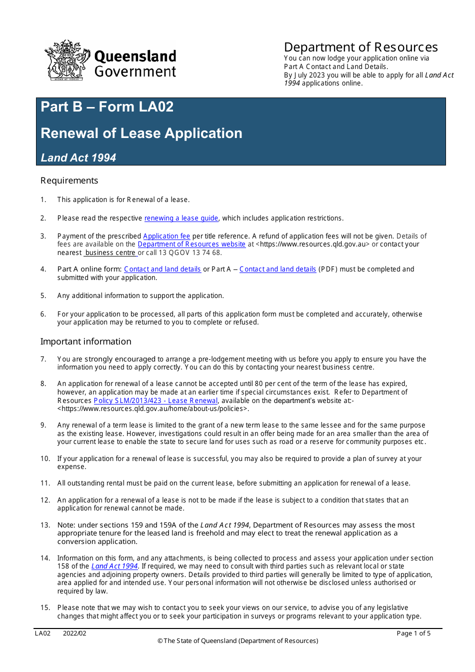 Form LA02 Part B Renewal of Lease Application - Queensland, Australia, Page 1