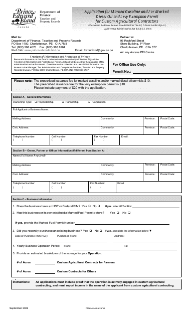 Application for Marked Gasoline and / or Marked Diesel Oil and Levy Exemption Permit for Custom Agricultural Contractors - Prince Edward Island, Canada Download Pdf