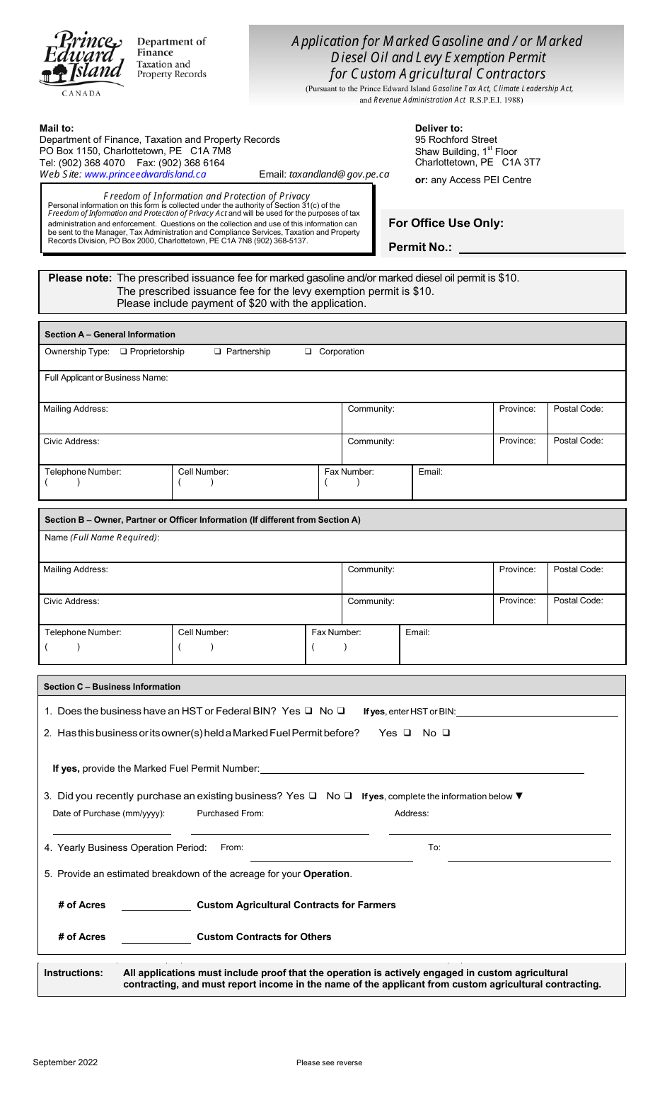 Application for Marked Gasoline and / or Marked Diesel Oil and Levy Exemption Permit for Custom Agricultural Contractors - Prince Edward Island, Canada, Page 1