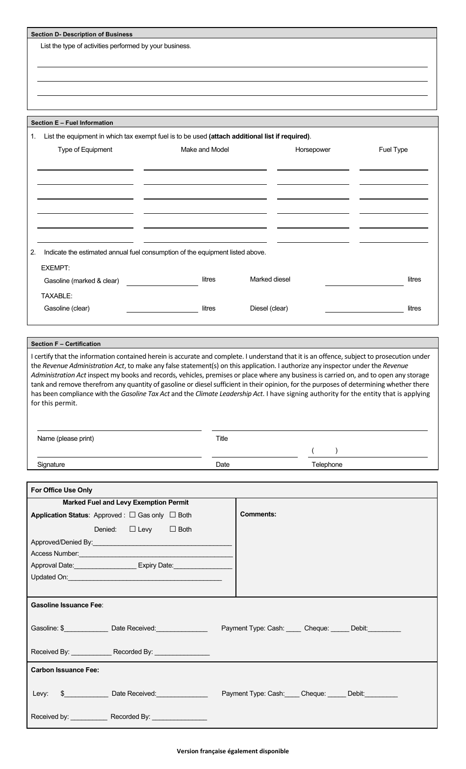 Application for Marked Gasoline and / or Marked Diesel Oil and Levy Exemption Permit for Custom Agricultural Contractors - Prince Edward Island, Canada, Page 2