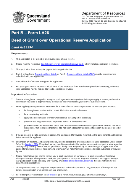 Form LA26 Part B Deed of Grant Over Operational Reserve Application - Queensland, Australia