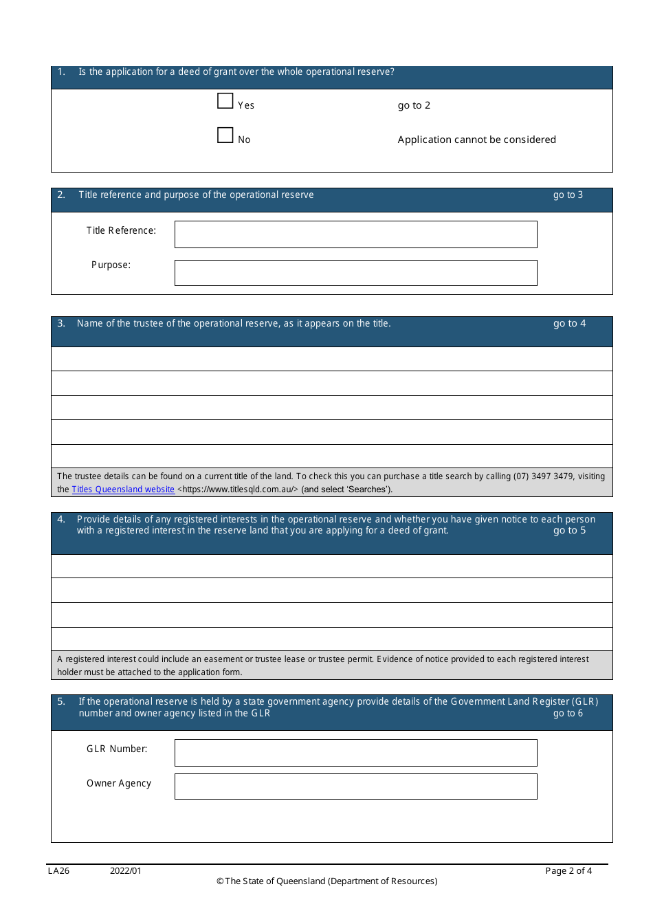 Form LA26 Part B Deed of Grant Over Operational Reserve Application - Queensland, Australia, Page 2