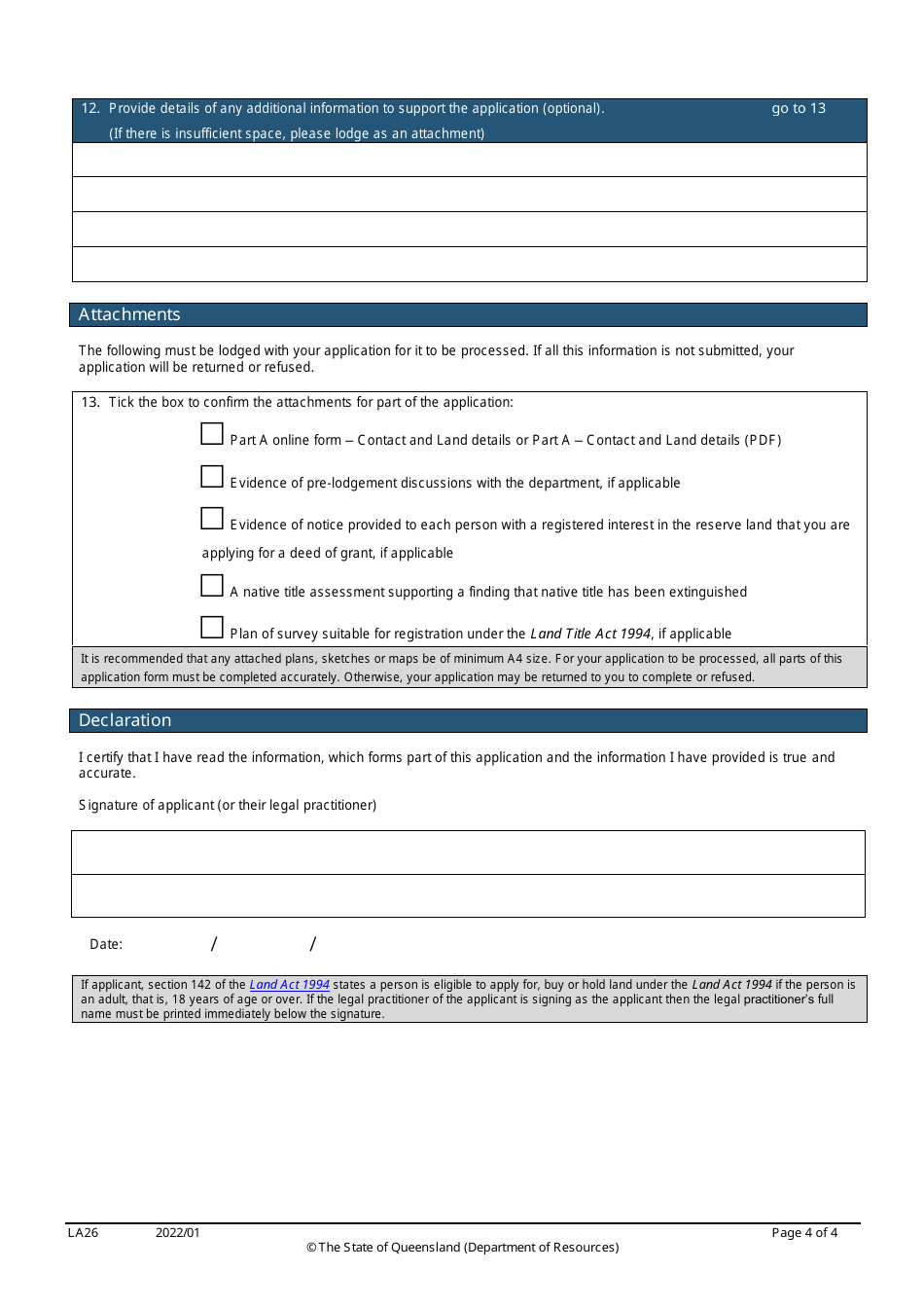 Form LA26 Part B Deed of Grant Over Operational Reserve Application - Queensland, Australia, Page 4