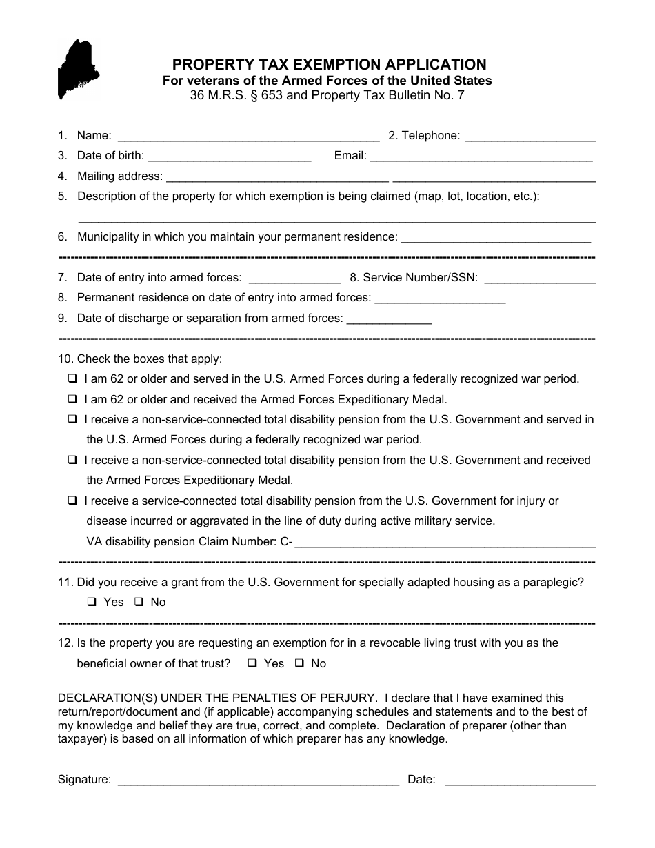 Property Tax Exemption Application for Veterans of the Armed Forces of the United States - Maine, Page 1