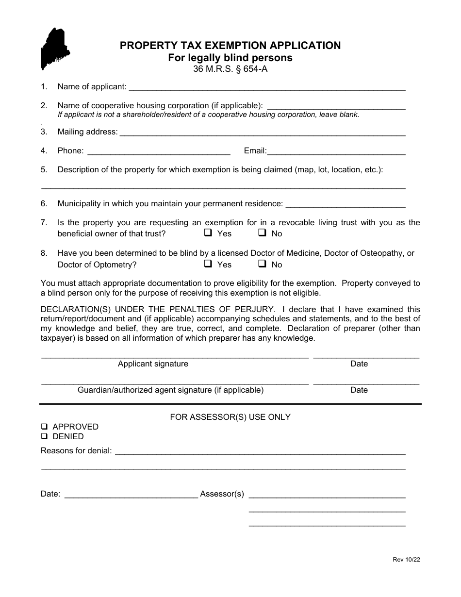 Property Tax Exemption Application for Legally Blind Persons - Maine, Page 1