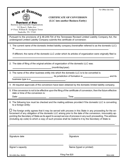Form SS-4269 Certificate of Conversion (LLC Into Another Business Entity) - Tennessee