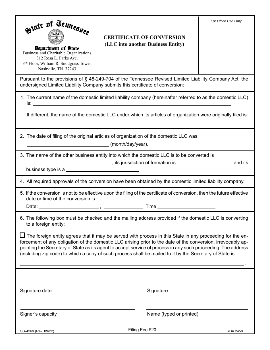 Form SS-4269 Certificate of Conversion (LLC Into Another Business Entity) - Tennessee, Page 1