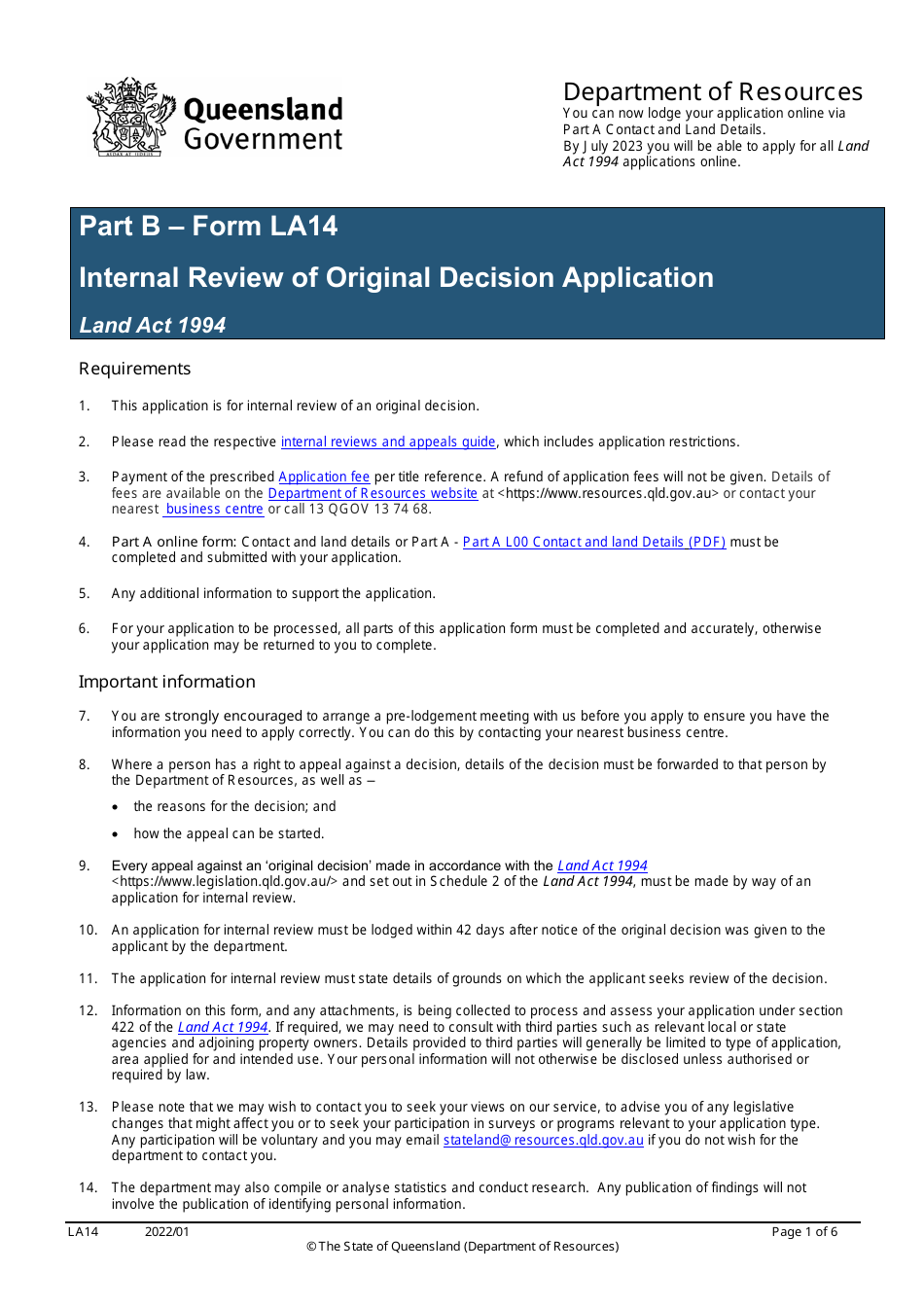Form LA14 Part B Internal Review of Original Decision Application - Queensland, Australia, Page 1