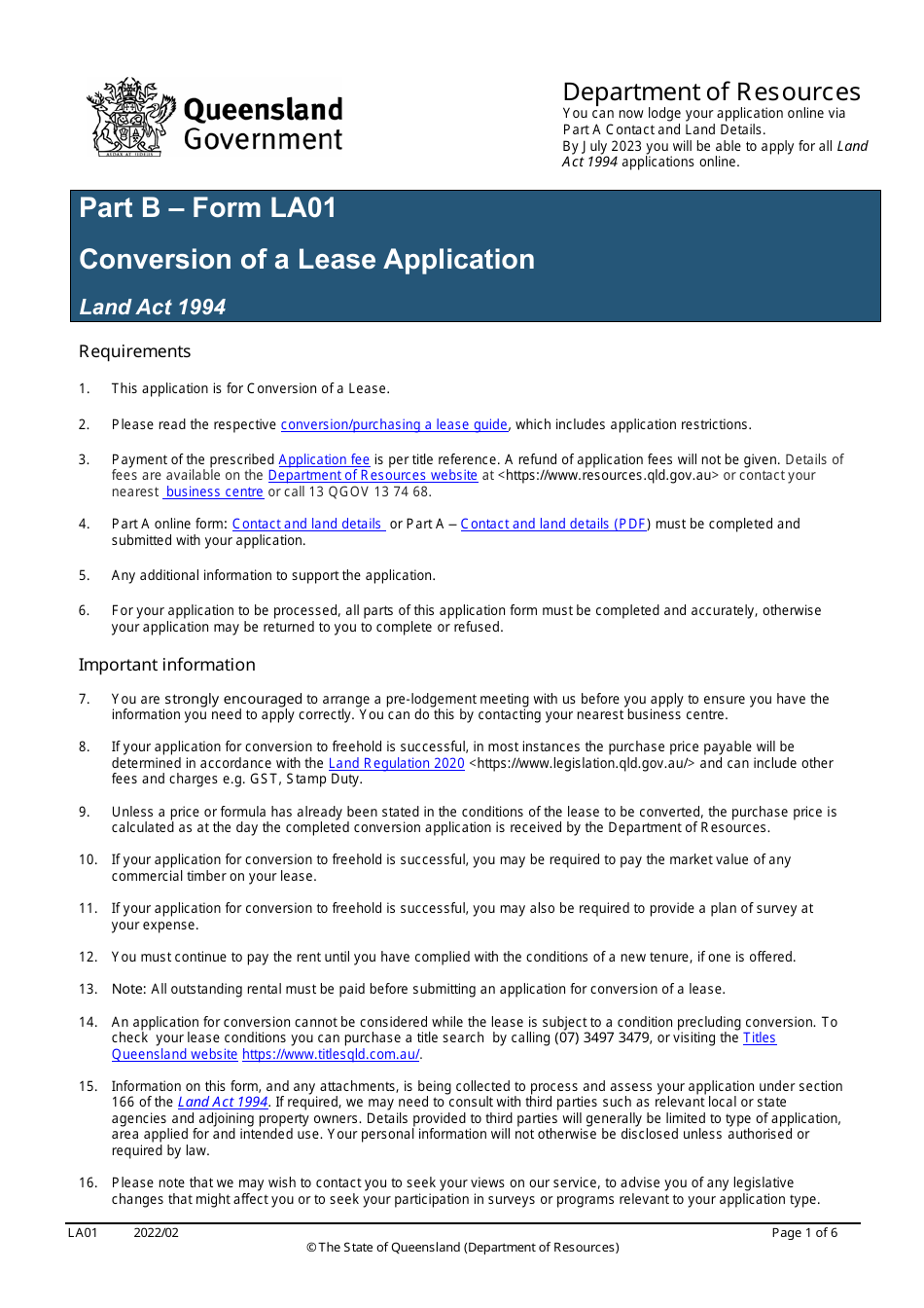 Form LA01 Part B Conversion of a Lease Application - Queensland, Australia, Page 1