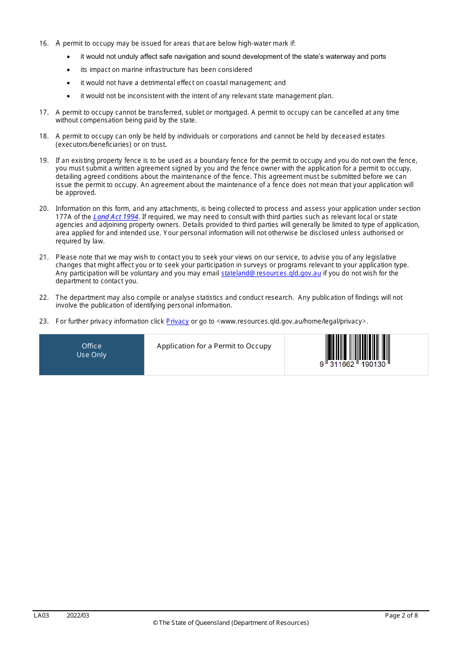 Form LA03 Part B Permit to Occupy Application - Queensland, Australia, Page 2