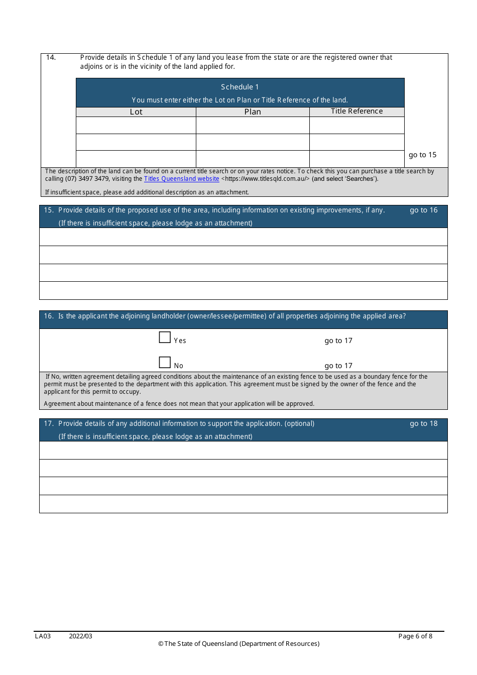 Form LA03 Part B Permit to Occupy Application - Queensland, Australia, Page 6