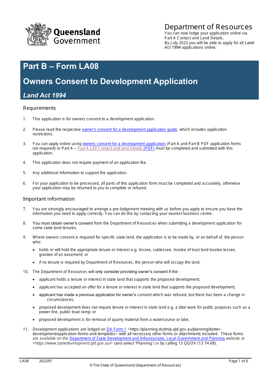 Form LA08 Part B Owners Consent to Development Application - Queensland, Australia, Page 1