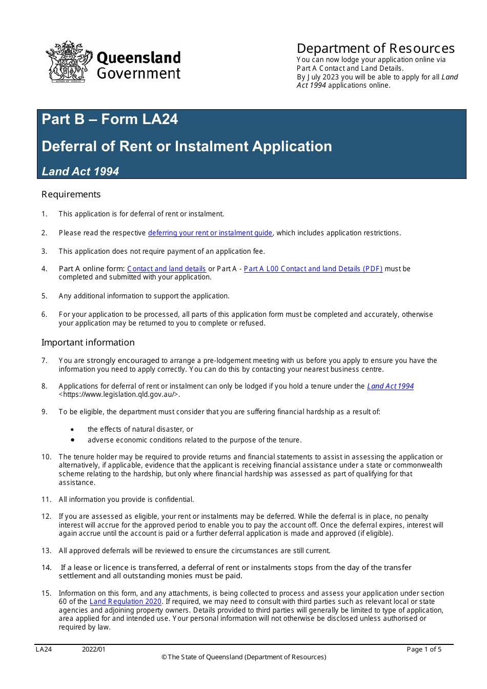 Form LA24 Part B Deferral of Rent or Instalment Application - Queensland, Australia, Page 1