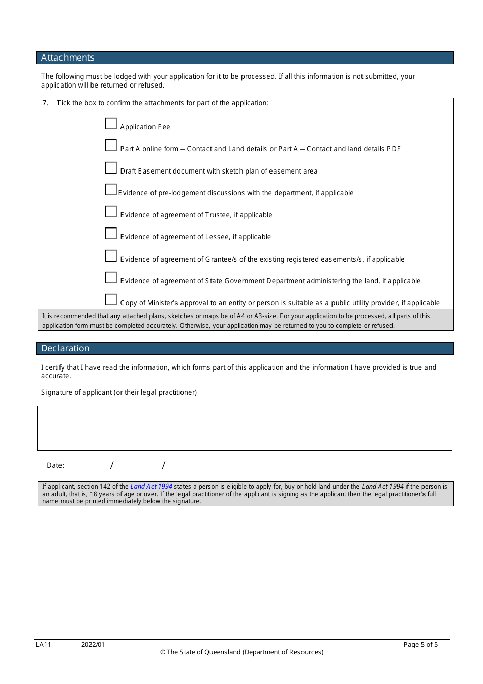 Form LA11 Part B Easement Over State Land Application - Queensland, Australia, Page 5