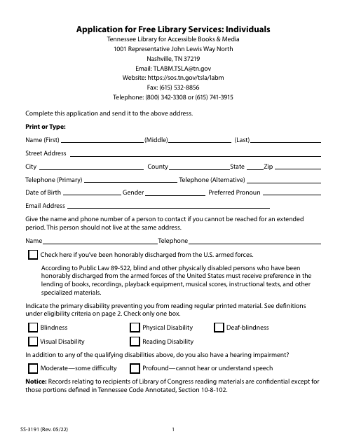 Form SS-3191 Application for Free Library Services: Individuals - Tennessee