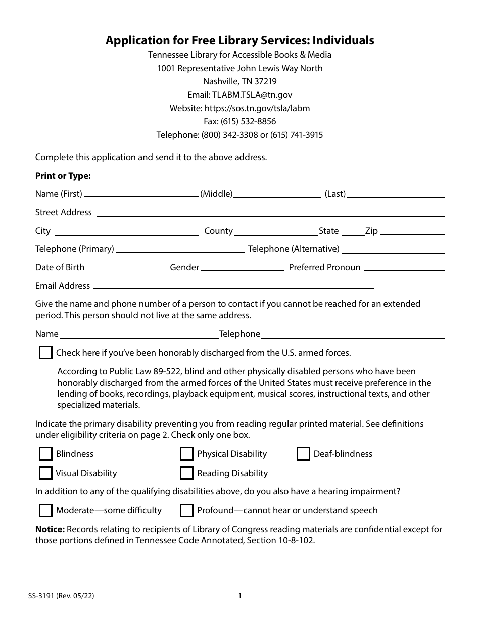 Form SS-3191 Application for Free Library Services: Individuals - Tennessee, Page 1